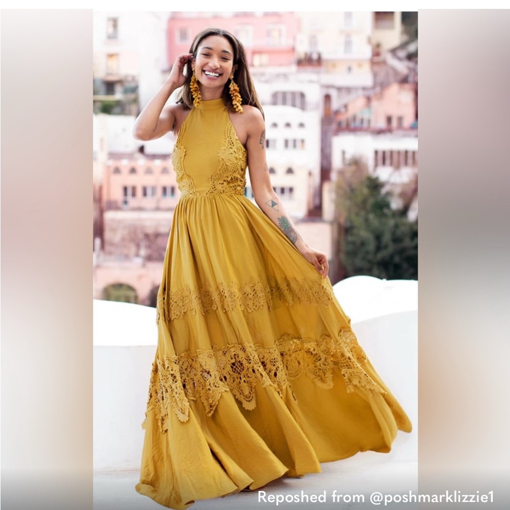 Elegant Mustard Yellow Lace Maxi Dress